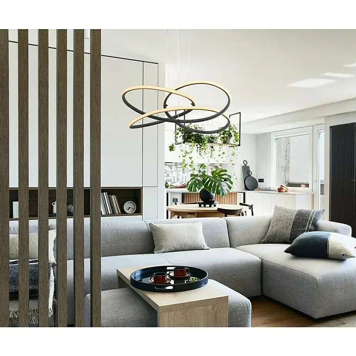 Globo LED-Pendelleuchte Panda - 30 W, Höhe: 120 cm, Warmweiß - Moderne Wohnraumleuchte mit drei Ringen. Das stilvolle Design in Schwarz und Gold setzt elegante Akzente in jedem Wohnbereich.