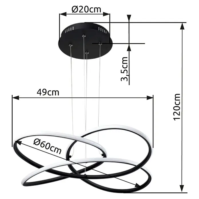 Globo Lámpara colgante LED Panda - 30 W, Altura: 120 cm, Blanco cálido - Dimensiones de la moderna lámpara colgante LED con tres anillos entrelazados en blanco y negro. Altura total 120cm, diámetro anillo 60cm.