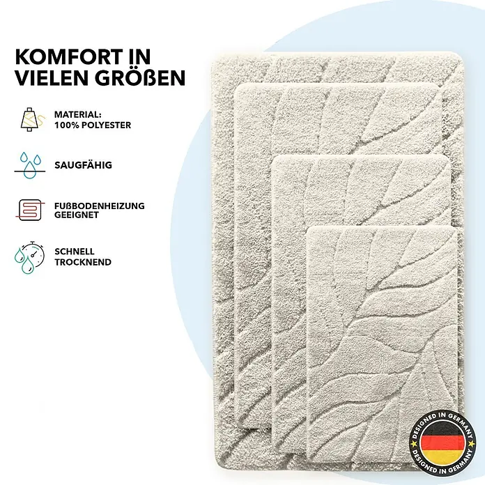 Floordirekt Badteppich Maris - 120 x 60 cm, Ivory, 100% Polyester - Ein Bild von drei Badteppichen in verschiedenen Größen. Die Teppiche sind beige und haben ein Blättermuster. Komfort und Qualität in Ihrem Badezimmer.