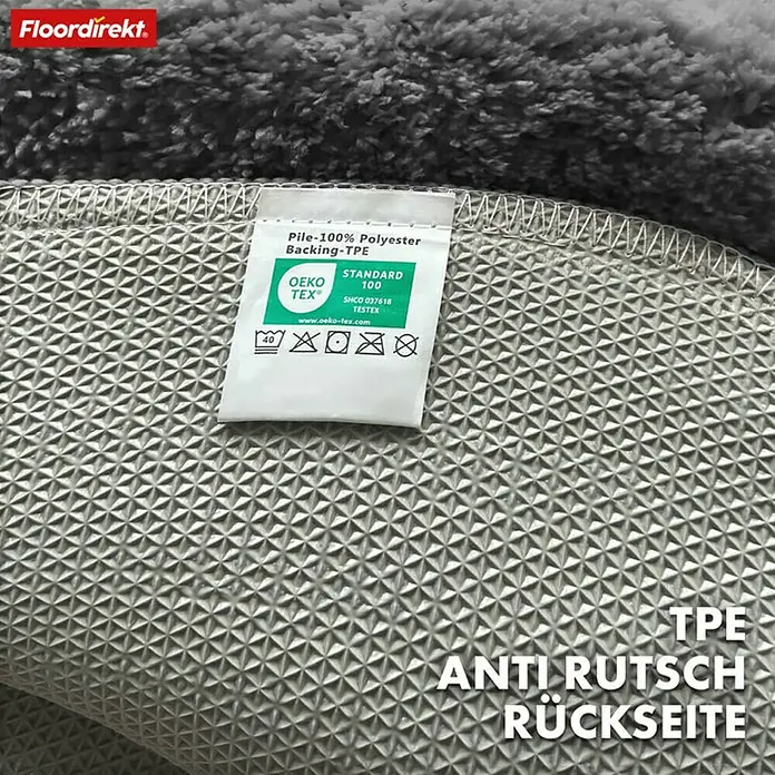 Floordirekt Badteppich Maris - 120 x 120 cm, Dunkelgrau, 100% Polyester - Detailansicht eines grauen Teppichs mit TPE-Rutschhemmung und Öko-Tex Standard 100 Zertifizierung für hohe Qualität.