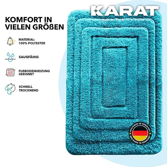 Floordirekt Badteppich Atlantis - 120 x 70 cm, Türkis, 100% Polyester - Türkisfarbene Badematte der Marke Karat Home & Living mit den Produktmerkmalen aufgedruckt.