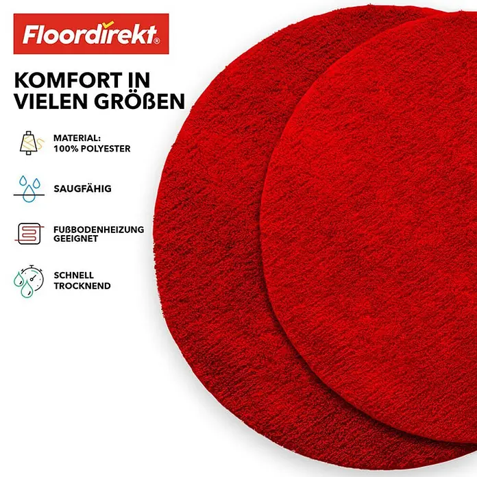 Floordirekt Badteppich Sky - 120 x 120 cm, Beerenrot, 100% Polyester - Rote, runde Badematten von Floordirekt mit Hinweisen zu Material und Eigenschaften wie Saugfähigkeit und Fußbodenheizungseignung.