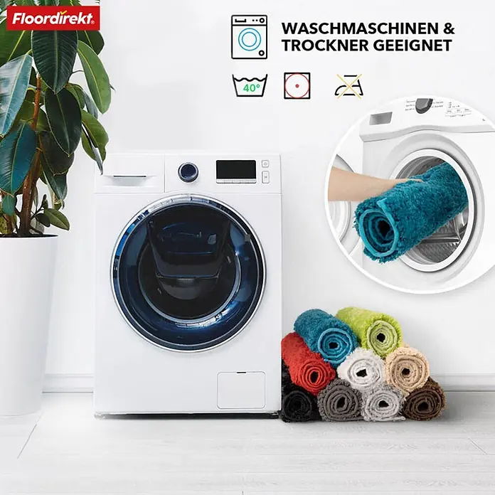 Floordirekt Badteppich Maris - 120 x 120 cm, Silber, 100% Polyester - Waschmaschinengeeignete Badematten in verschiedenen Farben neben einer Waschmaschine präsentiert.