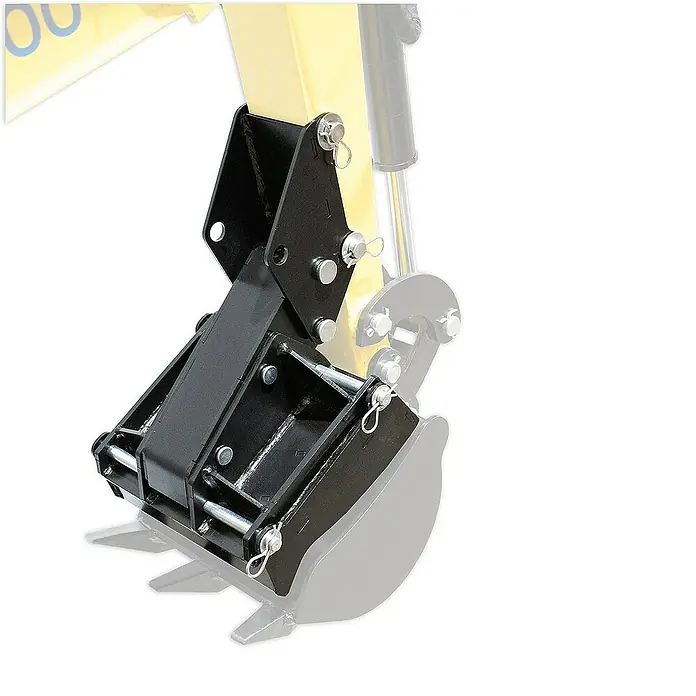 Bamato Minibagger Haltekralle & Greifer 2 in 1 für MIB-600 -  - Detailaufnahme eines schwarzen Baggerlöffel-Schnellwechslers an einem gelben Baggerarm. Der Schnellwechsler ermöglicht einen schnellen Werkzeugwechsel.