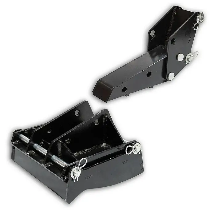 Bamato Minibagger Haltekralle & Greifer 2 in 1 für MIB-600 -  - Schwarze Metallvorrichtung, bestehend aus zwei Teilen, die möglicherweise ein landwirtschaftliches Gerät oder Anbauteil darstellen.