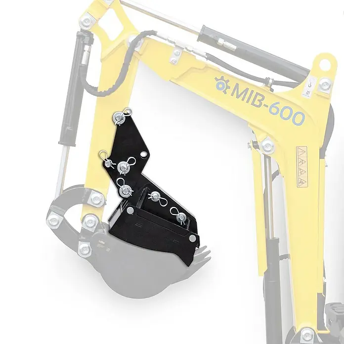 Bamato Minibagger Haltekralle & Greifer 2 in 1 für MIB-600 -  - Abgebildet ist ein Anbauteil für einen Minibagger, eine Baggerschaufel mit einem Greifer, der mit Bolzen am Baggerarm befestigt ist.