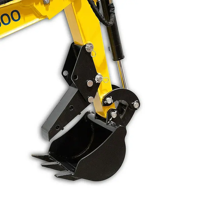 Bamato Minibagger Haltekralle & Greifer 2 in 1 für MIB-600 -  - Detailaufnahme eines gelben Baggerarms mit schwarzer Schaufel. Gut geeignet für Aushubarbeiten und Baustellenprojekte.