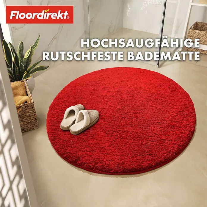 Floordirekt Badteppich Sky - 120 x 120 cm, Beerenrot, 100% Polyester - Hochsaugfähige, rutschfeste, rote Badematte. Die Badematte ist rund und flauschig und sorgt für warme Füße nach dem Duschen.