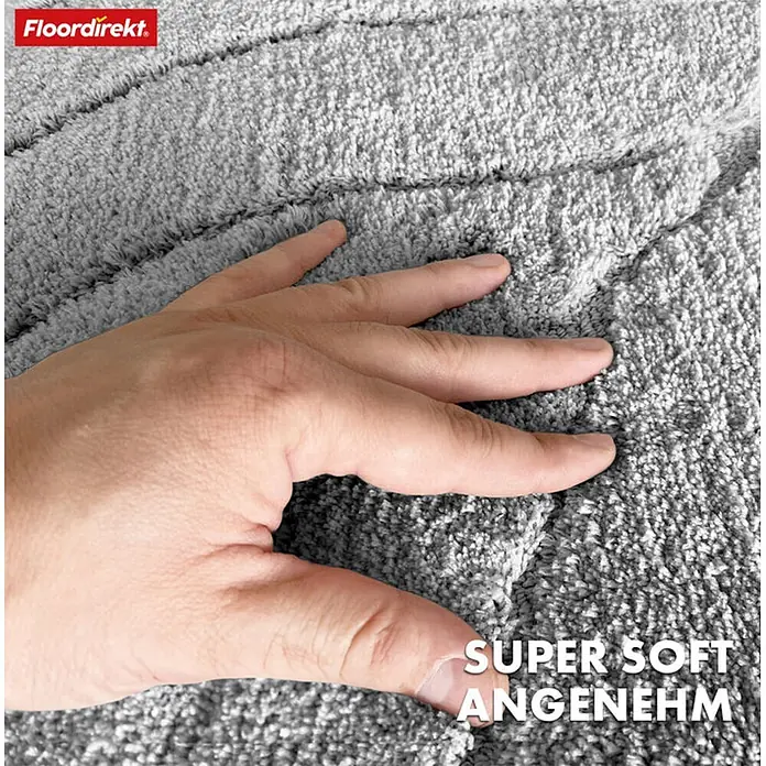 Floordirekt Badteppich Maris - 120 x 120 cm, Silber, 100% Polyester - Nahaufnahme eines grauen, superweichen Teppichs der Marke Floordirekt, zertifiziert nach OEKO-TEX Standard 100.