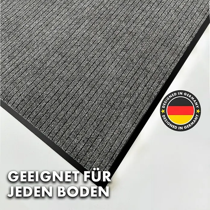 Fußmatte Dura - Beige, 120 x 90 cm, 100 % Polypropylen - Graue Fußmatte mit schwarzem Rand und Aufdruck "Geeignet für jeden Boden" und "Designed in Germany".