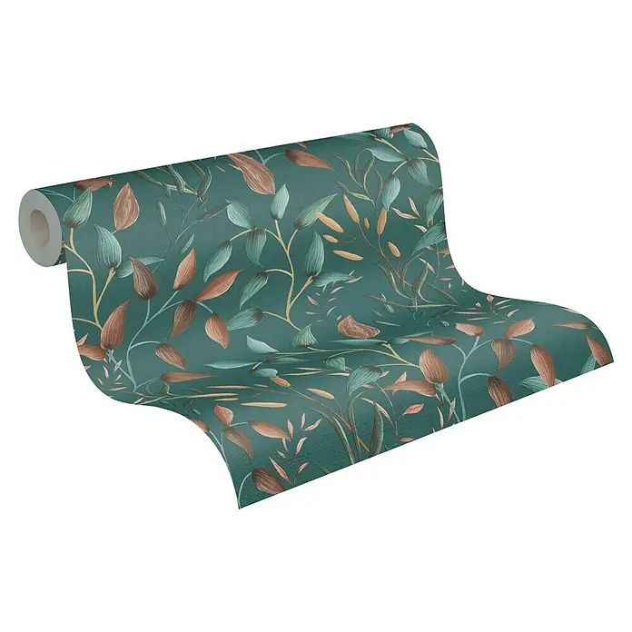 A.S. Création Pintwalls 2 Vliestapete Blätterranke - Grün-Petrol-Orange, Floral, 10,05 x 0,53 m - Eine Rolle grüner Tapete mit einem detailreichen Blattmuster in verschiedenen Grün- und Brauntönen, ideal für eine natürliche Wandgestaltung.