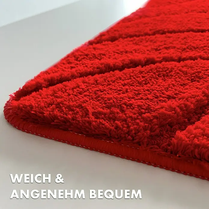 Floordirekt Badteppich Maris - 120 x 60 cm, Rot, 100% Polyester - Roter Badteppich mit weicher Textur und geripptem Design, ideal für Komfort und Stil im Badezimmer.