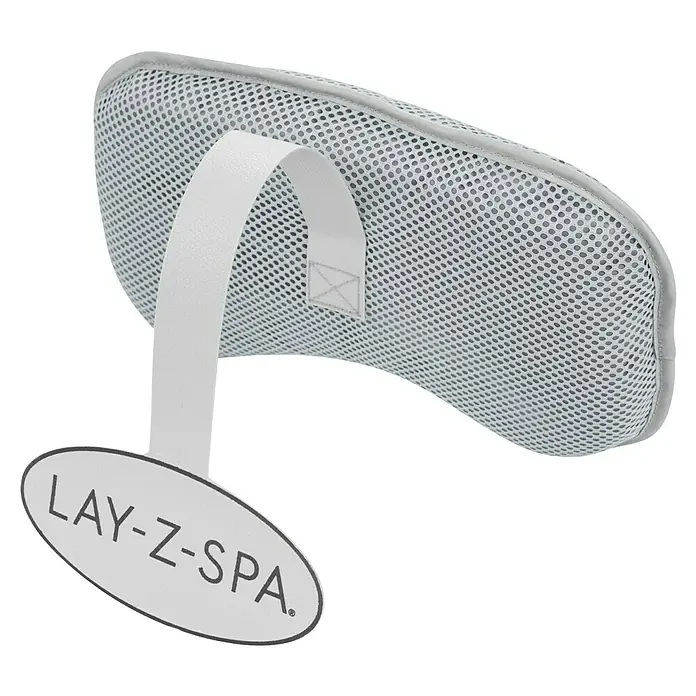 Bestway Lay-Z-Spa Kopfkissen -  - Nahaufnahme eines Lay-Z-Spa-Kopfkissens aus grauem Netzmaterial mit Aufhängeband und Logoetikett.