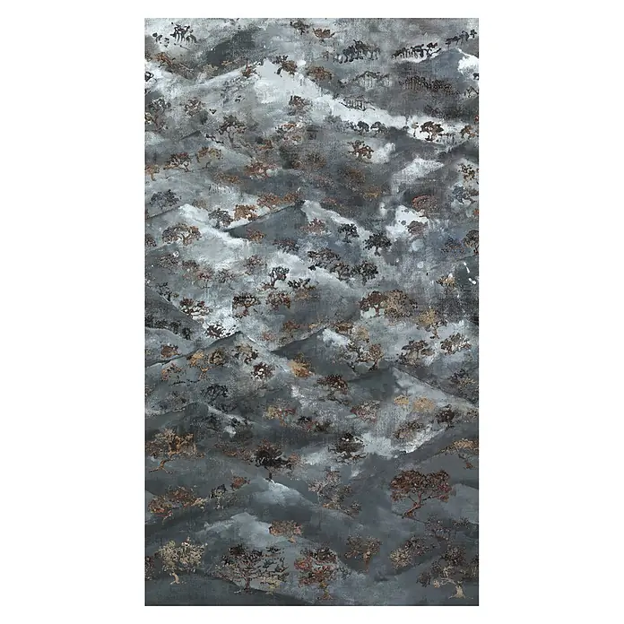A.S. Création The Wall 2 Fototapete Berge - B x H: 159 x 280 cm, Vlies - Gemälde einer Berglandschaft mit Bäumen, die auf den Hügeln wachsen, in grauen und braunen Farbtönen gehalten.