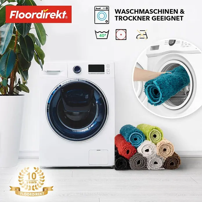 Floordirekt Badteppich Sky - 95 x 95 cm, Silbergrau, 100% Polyester - Waschbare und trocknergeeignete Bodenmatte in verschiedenen Farben vor Waschmaschine und Trockner.