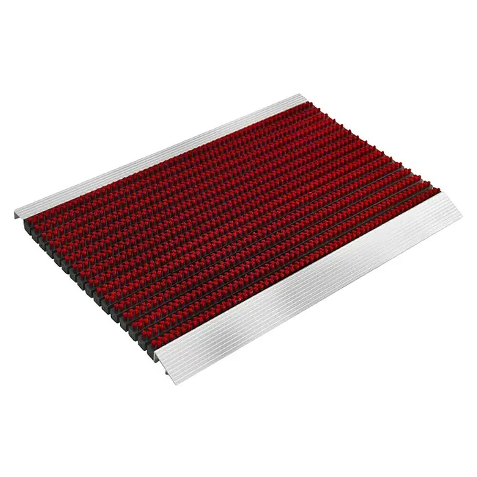 Fußmatte Profi Brush - Rot, 60 x 40 cm, 100 % Nylon - Abbildung einer roten Fußmatte mit silbernem Rand, die eine hohe Schmutzaufnahme und Reinigungswirkung bietet. Ideal für stark frequentierte Eingangsbereiche.
