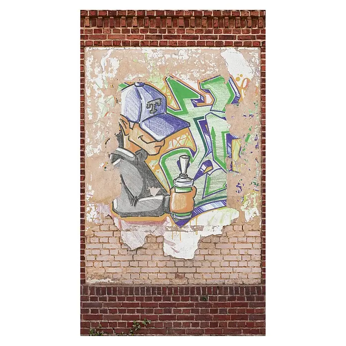 A.S. Création The Wall 2 Fototapete Steinwand Graffiti II - B x H: 159 x 280 cm, Vlies - Graffiti-Kunstwerk auf einer Ziegelmauer mit einem Cartoon-Mann mit Spraydose und farbenfroher Beschriftung. Verwitterte Oberfläche verstärkt den urbanen Charme.