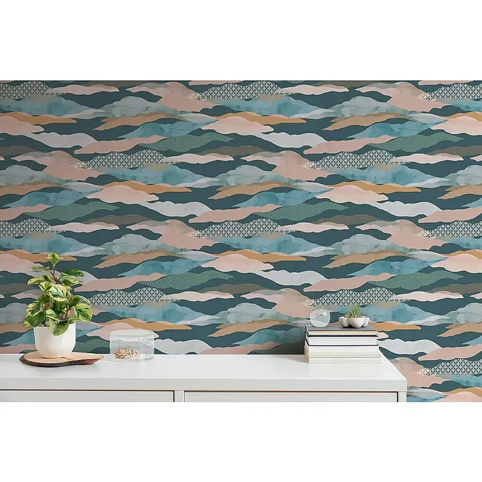 A.S. Création Pintwalls 2 Vliestapete Wolken-Wellen - Blau-Grün-Rosa, Grafisch, 10,05 x 0,53 m - Dekoratives Wandbild mit einem bunten Wolkenmuster in verschiedenen Farben und Texturen.