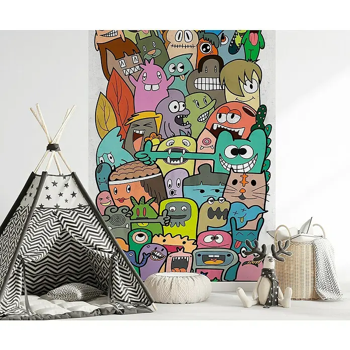A.S. Création The Wall 3 Fototapete Comic - B x H: 159 x 280 cm, Vlies, Bunt - Kinderzimmer mit einem Tipi-Zelt, einem Sitzpouf, einem Korb und einer Wanddeko mit bunten Comicfiguren.