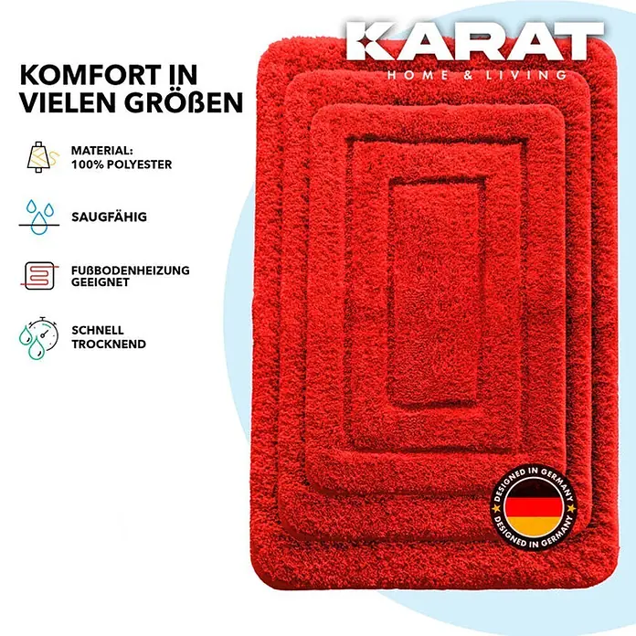 Floordirekt Badteppich Atlantis - 120 x 70 cm, Rot, 100% Polyester - Roter Badteppich der Marke Karat Home & Living, hergestellt aus 100 % Polyester, saugfähig und schnell trocknend. Geeignet für Fußbodenheizung.
