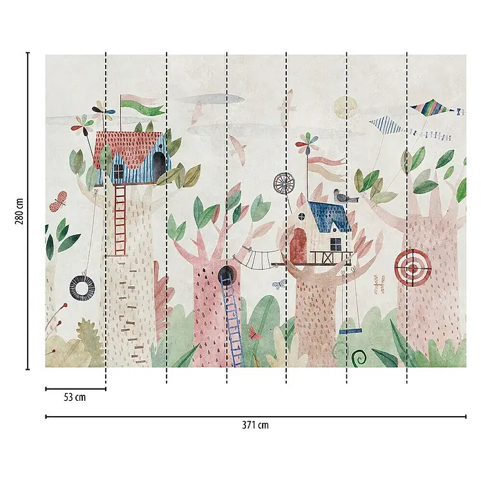 A.S. Création The Wall 3 Fototapete Baumhaus - B x H: 371 x 280 cm, Vlies - Buntes Wandbild mit Baumhäusern und fantasievollen Details, perfekt für ein Kinderzimmer, zeigt eine zauberhafte Welt.