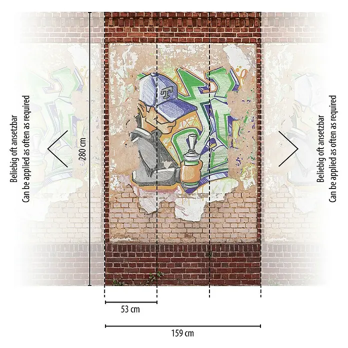 A.S. Création The Wall 2 Fototapete Steinwand Graffiti II - B x H: 159 x 280 cm, Vlies - Wandbild mit Graffiti-Motiv auf Backsteinmauer, Abmessungen 280x159 cm, bestehend aus mehreren Bahnen.