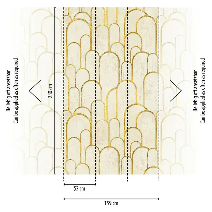 A.S. Création The Wall 3 Fototapete Artdeco II - B x H: 159 x 280 cm, Vlies - Eine Nahaufnahme einer beigen Tapete mit einem stilvollen Art-Déco-Muster in Gold. Abmessungen zur einfachen Anbringung sind abgebildet.