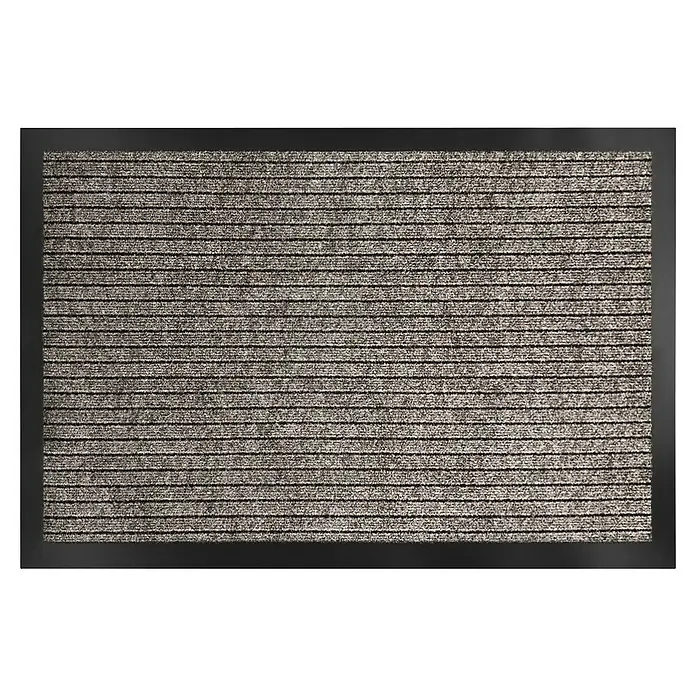 Fußmatte Dura - Beige, 120 x 90 cm, 100 % Polypropylen - Ein rechteckiger Fußabtreter mit grauem, gestreiftem Muster und schwarzem Rahmen, ideal für den Eingangsbereich. Schmutzabweisend und strapazierfähig.
