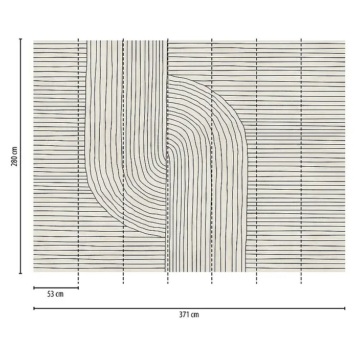 A.S. Création The Wall 3 Fototapete Bewegte Formen - B x H: 371 x 280 cm, Vlies - Produktansicht des Wandbildes mit abstrakten schwarzen Linien auf beigem Grund, Maße 280 cm hoch und 371 cm breit.