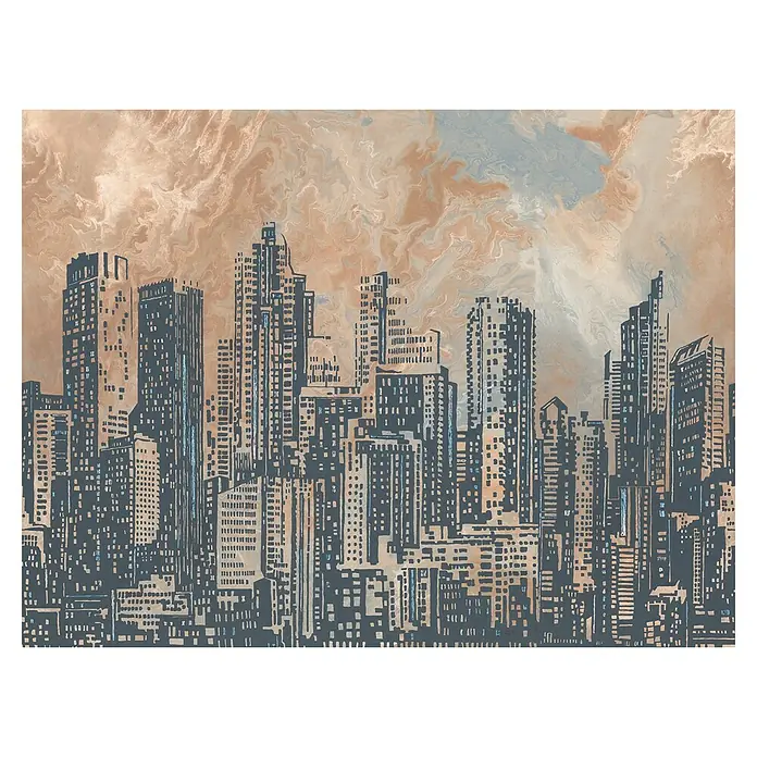 A.S. Création The Wall 2 Fototapete Skyline - B x H: 371 x 280 cm, Vlies - Illustration einer urbanen Skyline mit Wolkenkratzern unter einem abstrakten Himmel, ein dekoratives Element für moderne Interieurs.