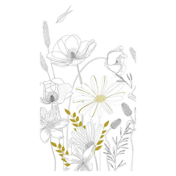 A.S. Création The Wall 2 Fototapete Blume II - B x H: 159 x 280 cm, Vlies, Weiß-Schwarz-Gelb - Blumenmuster mit Mohn, Gänseblümchen und dekorativen Blättern, ideal für elegante Designs und kreative Projekte.