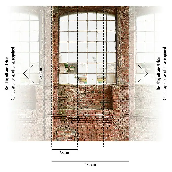 A.S. Création The Wall 2 Fototapete Fenster - B x H: 159 x 280 cm, Vlies - Das Bild zeigt eine Mauer mit einem Fenster. Die Mauer ist aus roten Ziegeln gebaut und hat eine rechteckige Form mit den Maßen 159 cm x 280 cm.