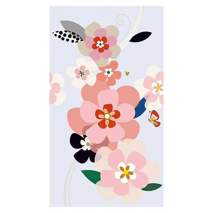 A.S. Création The Wall 2 Fototapete Blume - B x H: 159 x 280 cm, Vlies - Eine Illustration von stilisierten Blumen in Rosa-, Weiß- und Rottönen, mit dekorativen Blättern und einem kleinen Schmetterling auf hellblauem Hintergrund.