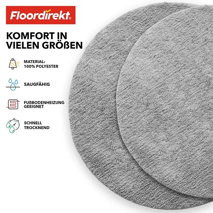 Floordirekt Badteppich Sky - 95 x 95 cm, Silbergrau, 100% Polyester - Zwei graue, runde Badteppiche von Floordirekt, die Komfort und Funktionalität in verschiedenen Größen bieten, aus 100% Polyester, saugfähig und schnelltrocknend.