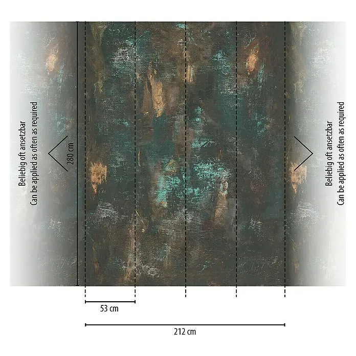 A.S. Création The Wall 2 Fototapete Putz - B x H: 212 x 280 cm, Vlies - Eine Nahaufnahme einer Wandtapete mit abstraktem Design in dunklen Türkis- und Goldtönen, die eine luxuriöse Atmosphäre schafft.