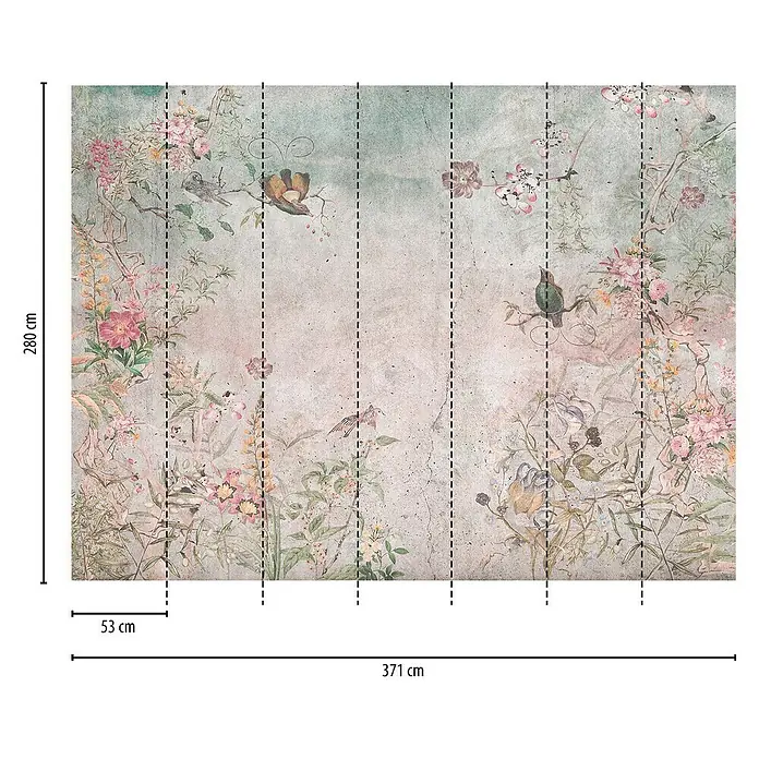 A.S. Création The Wall 3 Fototapete Blumen - B x H: 371 x 280 cm, Vlies - Wandbild mit einem floralen und Vogelmuster auf strukturiertem Hintergrund, ideal für eine elegante Raumgestaltung.\n