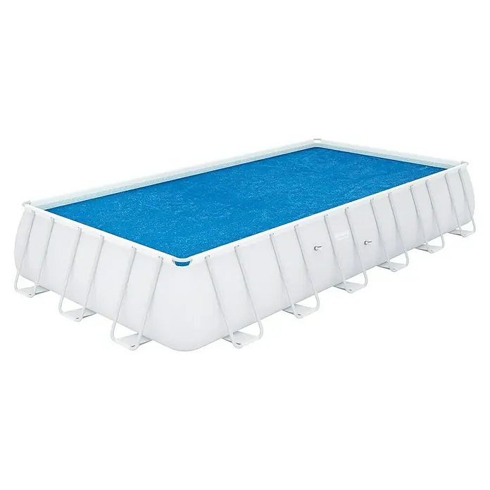 Bestway Solarabdeckplane - L x B: 336 x 703 cm, Material: Kunststoff - Ein rechteckiger Frame-Pool mit blauer Abdeckung. Ideal für Familien, bietet er erfrischende Entspannung und sommerlichen Badespaß im eigenen Garten.
