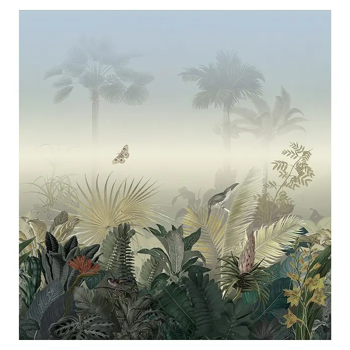 A.S. Création The Wall 2 Fototapete Dschungel neblig mit Tieren - B x H: 265 x 280 cm, Vlies - Dschungel-Wandbild mit üppiger Vegetation, Palmen und exotischen Tieren, verleiht jedem Raum eine tropische Atmosphäre.