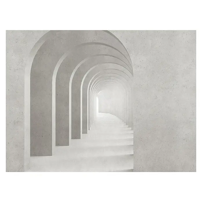 A.S. Création The Wall 3 Fototapete Regenbogen - B x H: 371 x 280 cm, Vlies - Perspektivische Ansicht eines Ganges mit weißen Bögen, der zu einem hellen Ausgang führt, minimalistisch und modern.