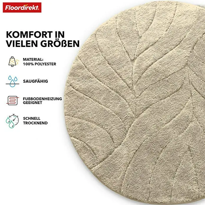 Floordirekt Badteppich Maris - 120 x 120 cm, Polyester, Ivory - Runder beiger Teppich mit geprägtem Blattmuster.
