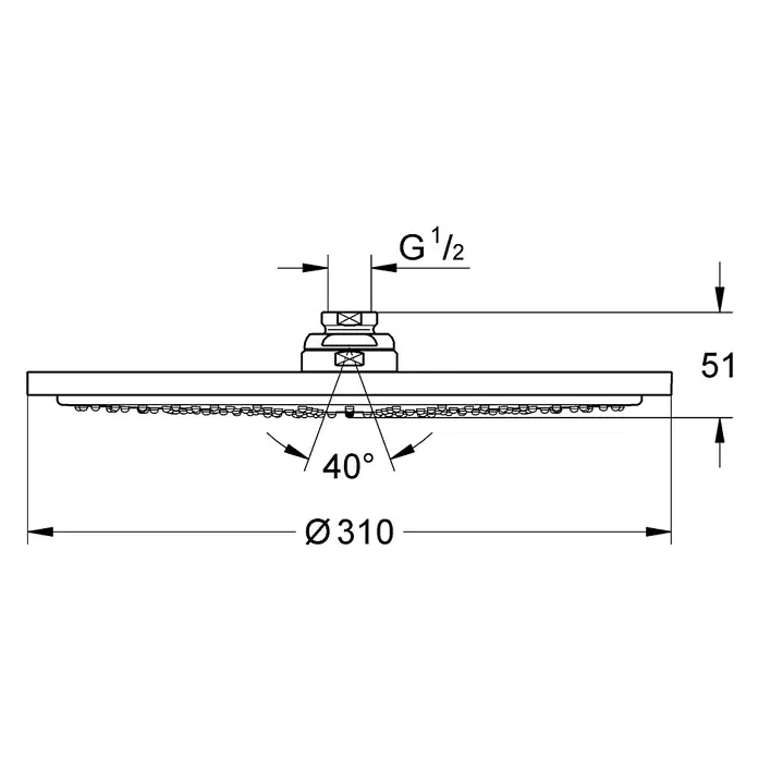 Grohe Rainshower Cosmopolitan 310 Kopfbrause - Durchmesser: 31 cm, 15 l/min, Anzahl Funktionen: 1 Stk., Chrom - Technische Zeichnung eines Duschkopfes mit Maßangaben, Durchmesser 310 mm, Höhe 51 mm und G 1/2 Anschluss.
