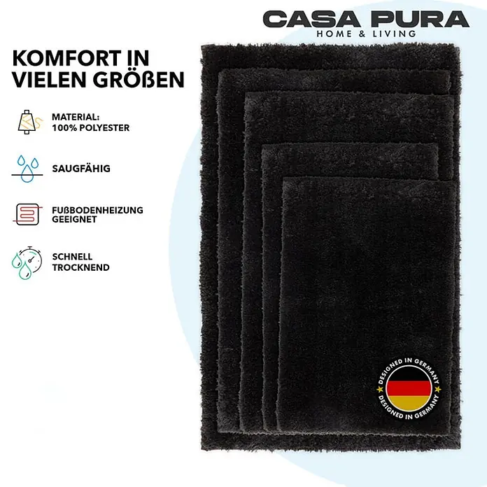 Floordirekt Badteppich Sky - 60 x 50 cm, Schwarz, 100% Polyester - Schwarzer Casa Pura Badteppich in verschiedenen Größen, aus 100% Polyester, saugfähig und schnelltrocknend, geeignet für Fußbodenheizung.