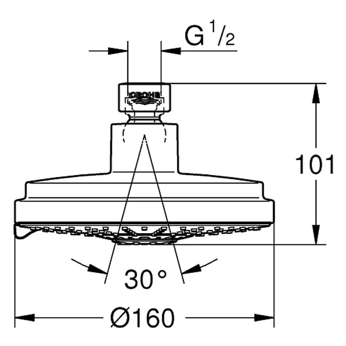 Grohe Kopfbrause Rainshower Cosmopolitan 160 - Durchmesser: 16 cm, Anzahl Funktionen: 4 Stk., Chrom - Technische Zeichnung eines Grohe Duschkopfes mit Maßangaben zu Durchmesser, Höhe und Winkel.