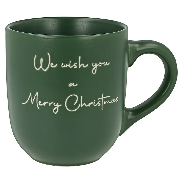 Boltze Tasse Merry Christmas - Dunkelgrün, L x B x H: 8,3 x 8,3 x 9,5 cm, 300 ml - Grüne Tasse mit der Aufschrift "We wish you a Merry Christmas" für festliche Getränke und eine gemütliche Weihnachtszeit.