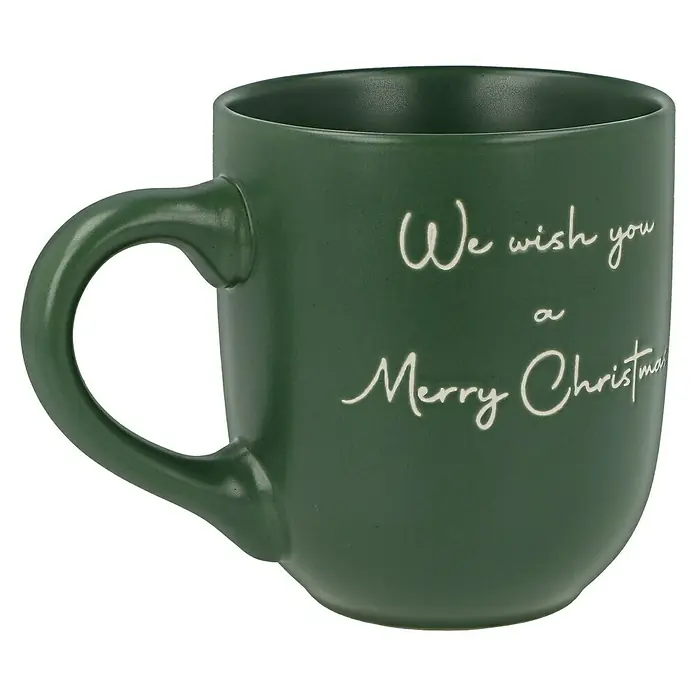 Boltze Tasse Merry Christmas - Dunkelgrün, L x B x H: 8,3 x 8,3 x 9,5 cm, 300 ml - Grüne Keramiktasse mit der Aufschrift "We wish you a Merry Christmas", ideal für festliche Getränke und Dekorationen in der Weihnachtszeit.