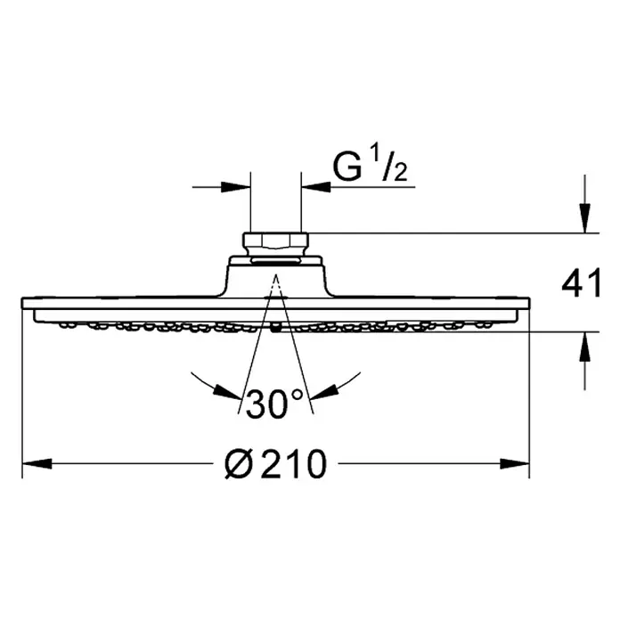 Grohe Rainshower Cosmopolitan 210 Kopfbrause - Durchmesser: 21 cm, 18 l/min, Anzahl Funktionen: 1 Stk., Chrom - Abbildung eines Duschkopfs mit Maßangaben. Der Duschkopf hat einen Durchmesser von 210 mm und eine Höhe von 41 mm.