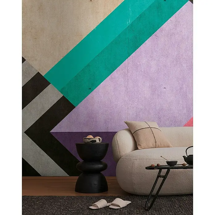 A.S. Création The Wall 3 Fototapete Grafik - B x H: 371 x 280 cm, Vlies - Gemütliches Wohnzimmer mit Sofa, Beistelltisch und dekorativer Wandgestaltung. Die minimalistische Einrichtung strahlt Wärme und Stil aus.