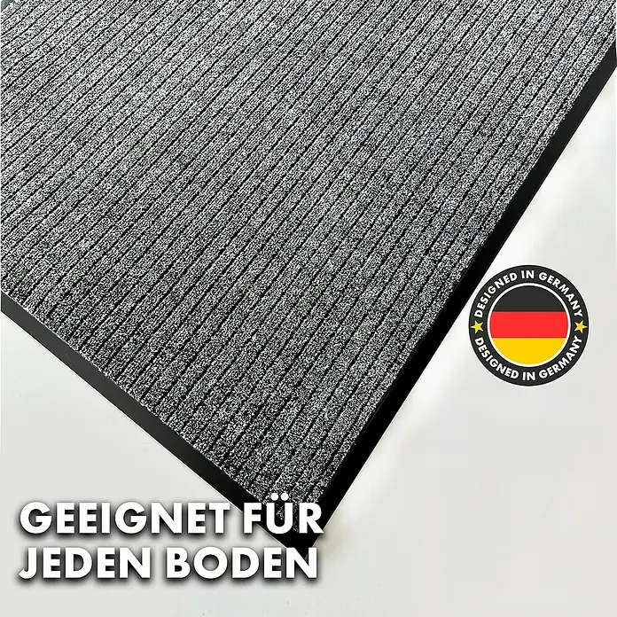 Fußmatte Dura - Grau, 120 x 66 cm, 100 % Polypropylen - Graue Fußmatte mit schwarzem Rand und dem Aufdruck "Geeignet für jeden Boden".