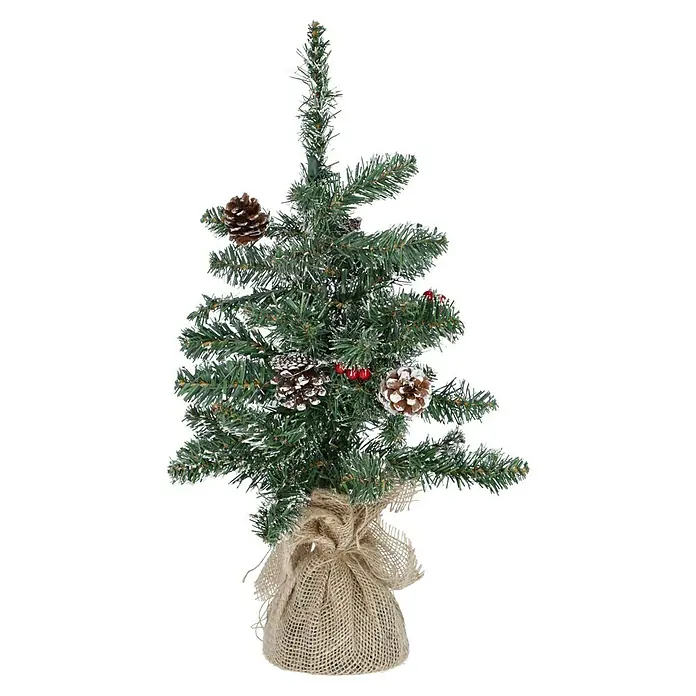 Edelmann Künstlicher Weihnachtsbaum Creston - Höhe: 45 cm, Grün - Künstlicher Mini-Weihnachtsbaum mit Jutesackbasis, dekoriert mit Tannenzapfen und roten Beeren für festliche Stimmung.