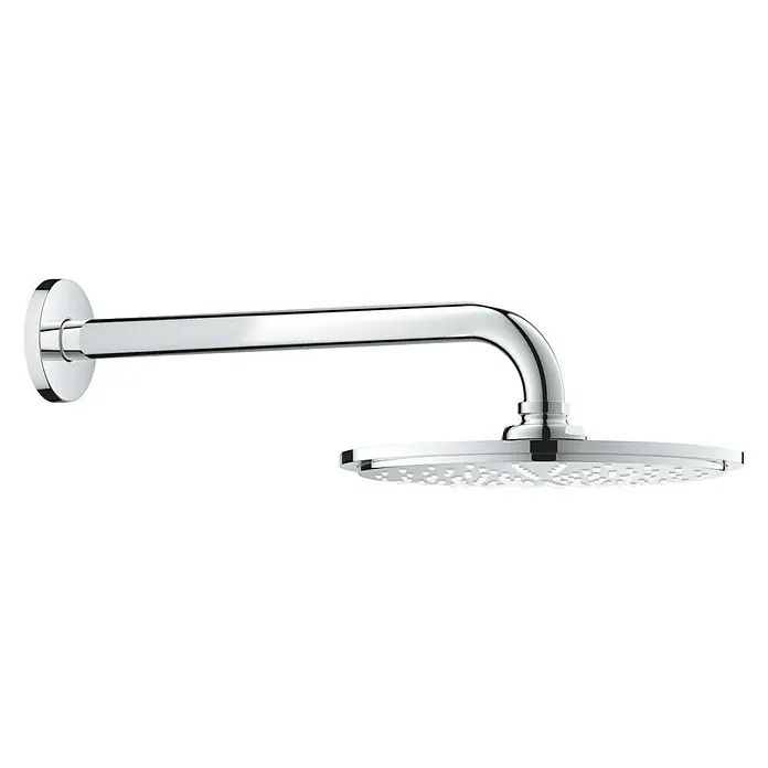 Grohe Rainshower Cosmopolitan 210 Kopfbrausen-SetDurchmesser: 21 cm, 9,5 l/min, Wandmontage, Chrom - Diese Abbildung zeigt einen eleganten, verchromten Duschkopf mit Wandarm, der eine moderne Badezimmerästhetik betont.
